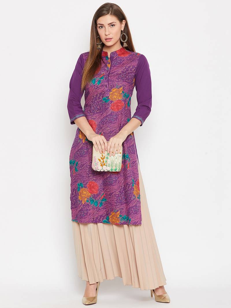 Women Purple and Multicolor Floral Printed Cotton Kurti