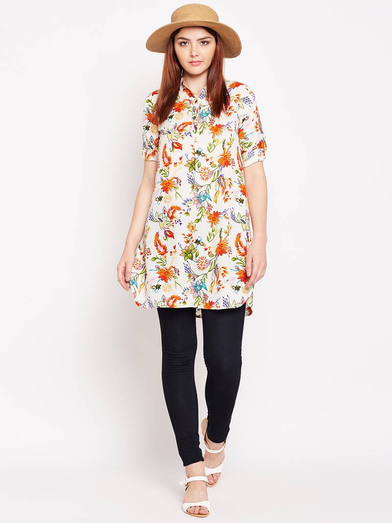 Women Cream and Multicolor Floral Printed crepe Tunic