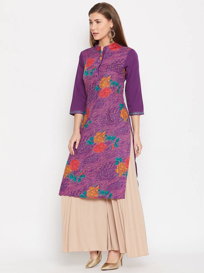 Women Purple and Multicolor Floral Printed Cotton Kurti