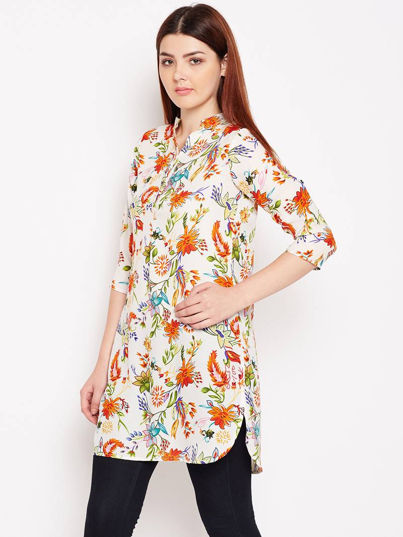 Women Cream and Multicolor Floral Printed crepe Tunic
