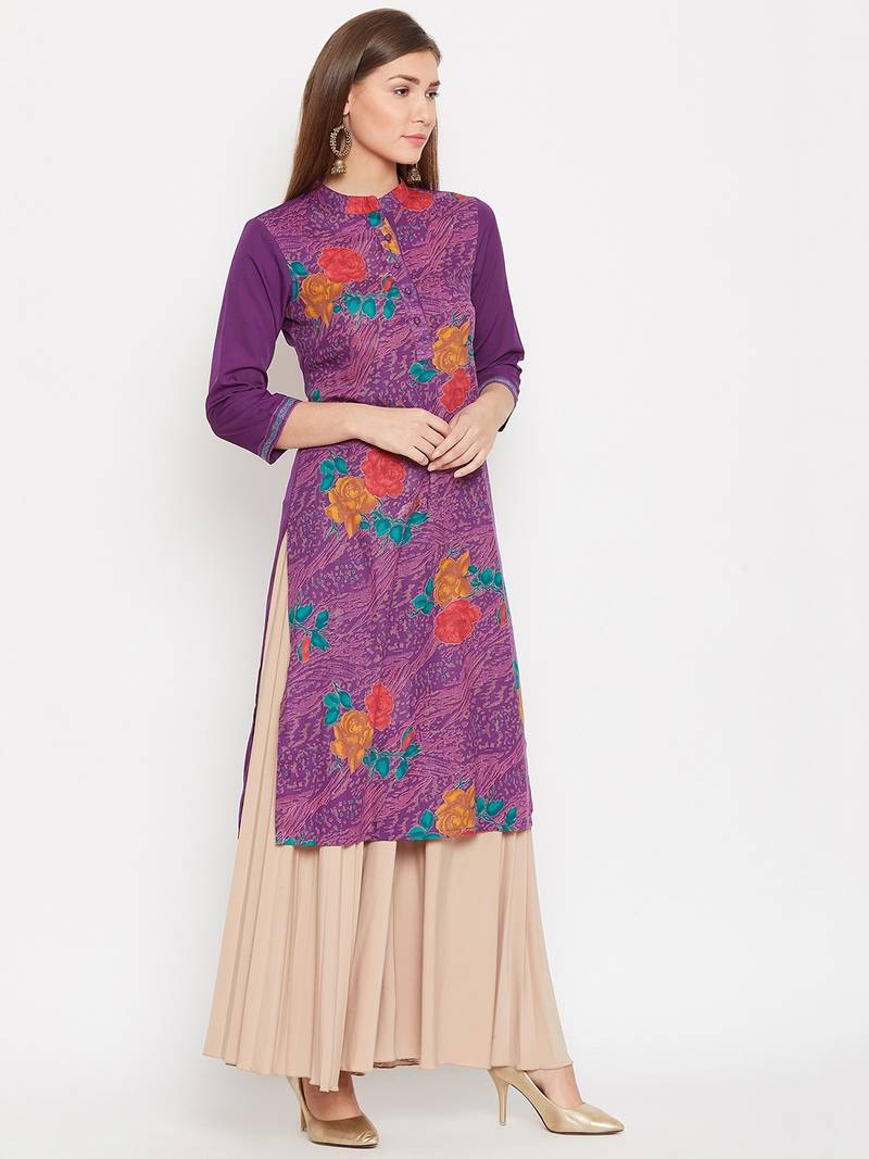 Women Purple and Multicolor Floral Printed Cotton Kurti
