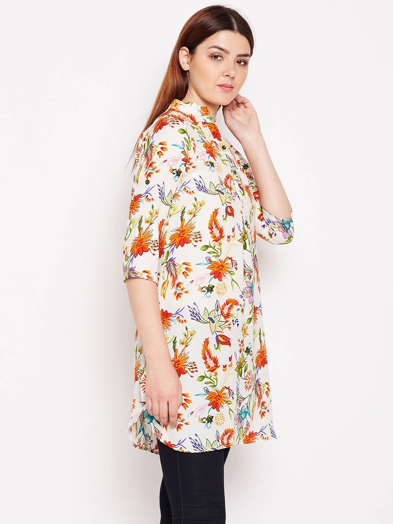 Women Cream and Multicolor Floral Printed crepe Tunic
