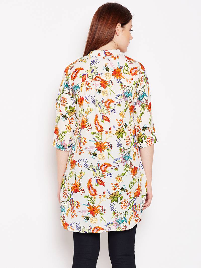 Women Cream and Multicolor Floral Printed crepe Tunic