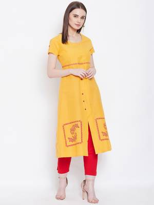 Women Yellow Color Printed Khadi Cotton Kurti 1