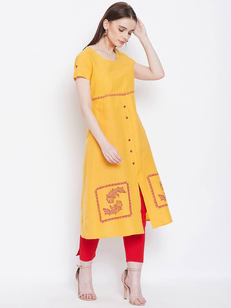 Women Yellow Color Printed Khadi Cotton Kurti