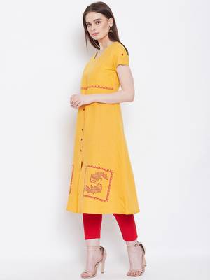 Women Yellow Color Printed Khadi Cotton Kurti 3