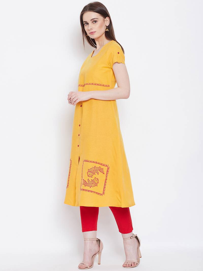 Women Yellow Color Printed Khadi Cotton Kurti