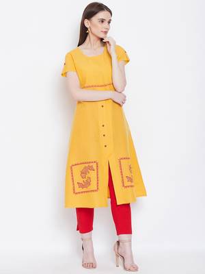 Women Yellow Color Printed Khadi Cotton Kurti 4