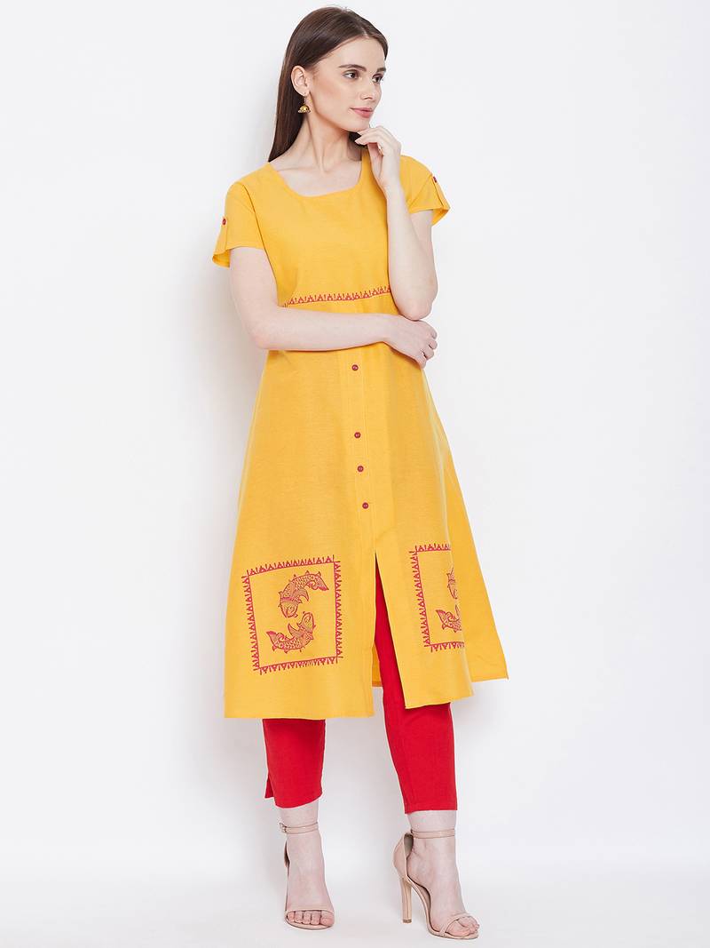 Women Yellow Color Printed Khadi Cotton Kurti