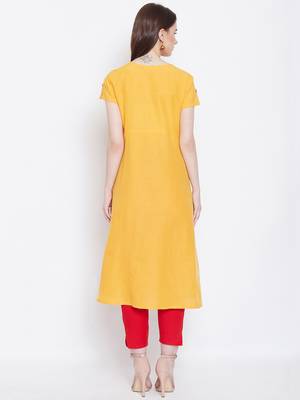 Women Yellow Color Printed Khadi Cotton Kurti 5