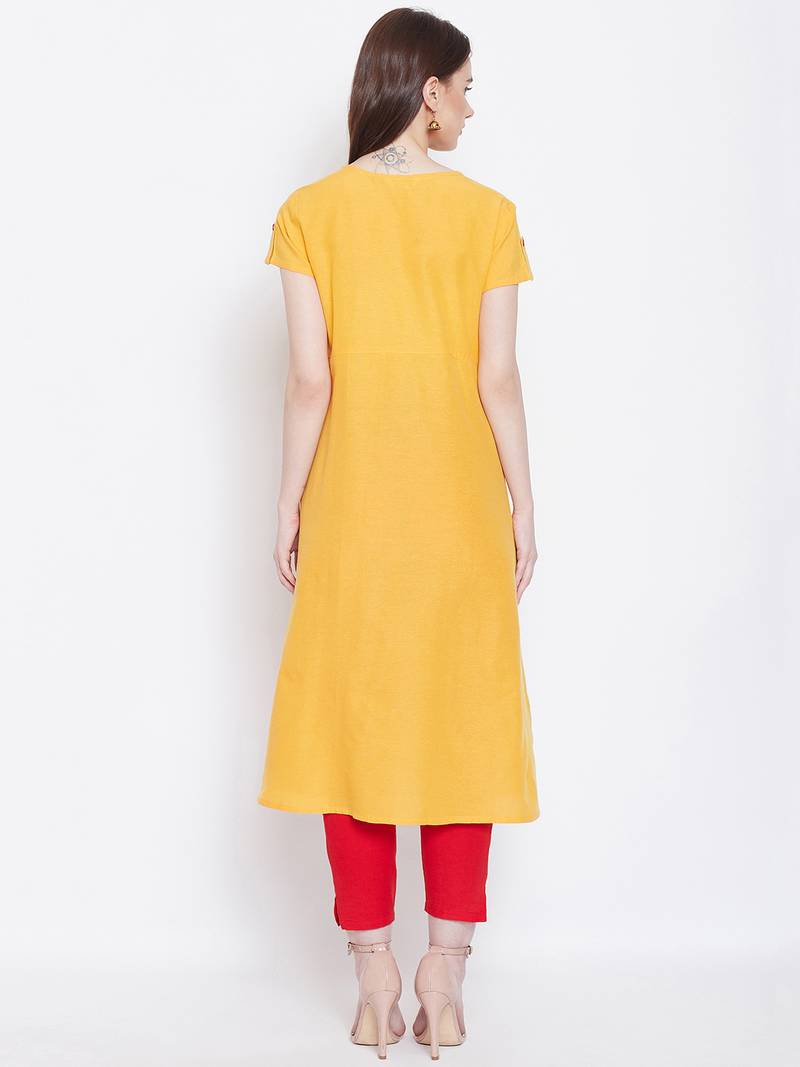 Women Yellow Color Printed Khadi Cotton Kurti