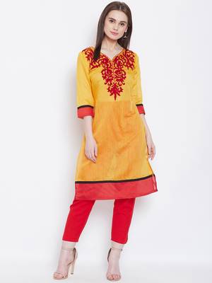 Women Mustard and Maroon Color Embroidered Cotton Kurti 1