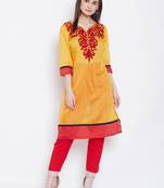 Women Mustard and Maroon Color Embroidered Cotton Kurti