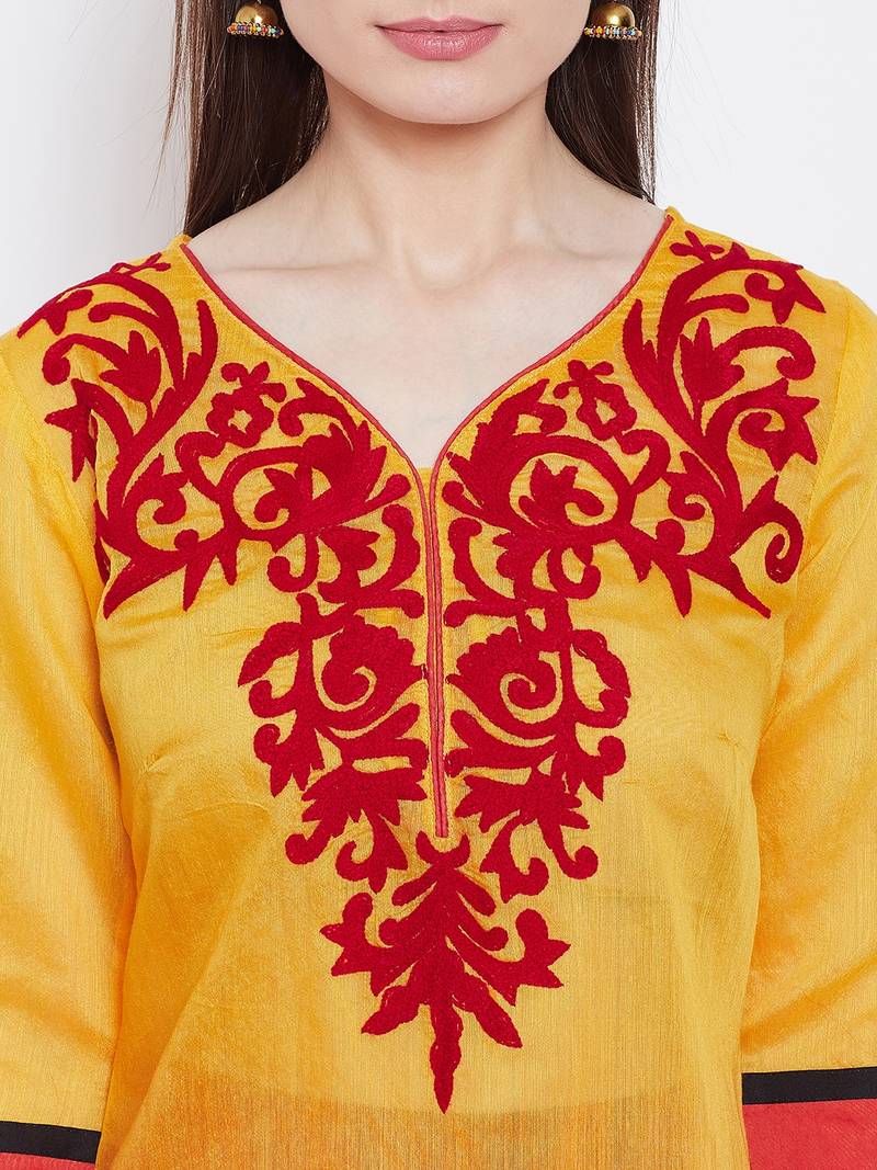 Women Mustard and Maroon Color Embroidered Cotton Kurti