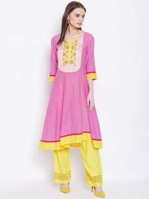 Women Pink and Yellow Color Embroidered Cotton Kurti 1