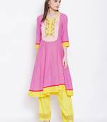 Women Pink and Yellow Color Embroidered Cotton Kurti