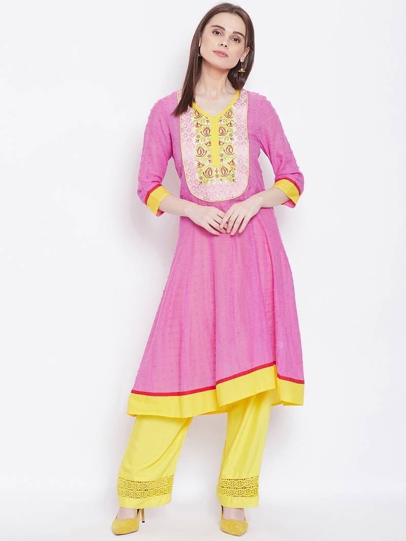 Women Pink and Yellow Color Embroidered Cotton Kurti