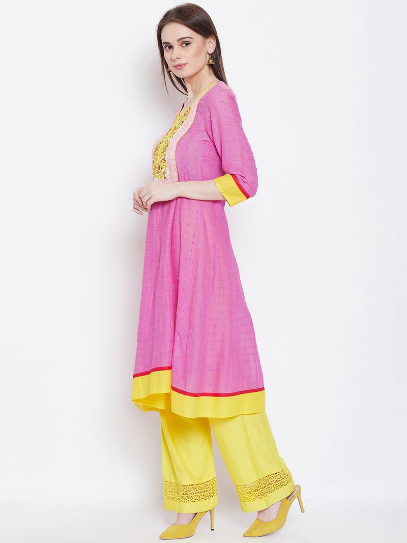 Women Pink and Yellow Color Embroidered Cotton Kurti