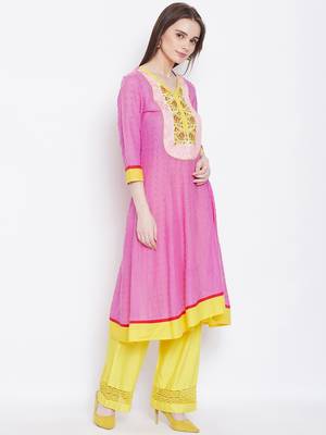 Women Pink and Yellow Color Embroidered Cotton Kurti 4