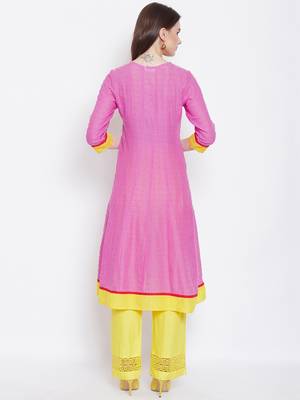 Women Pink and Yellow Color Embroidered Cotton Kurti 5