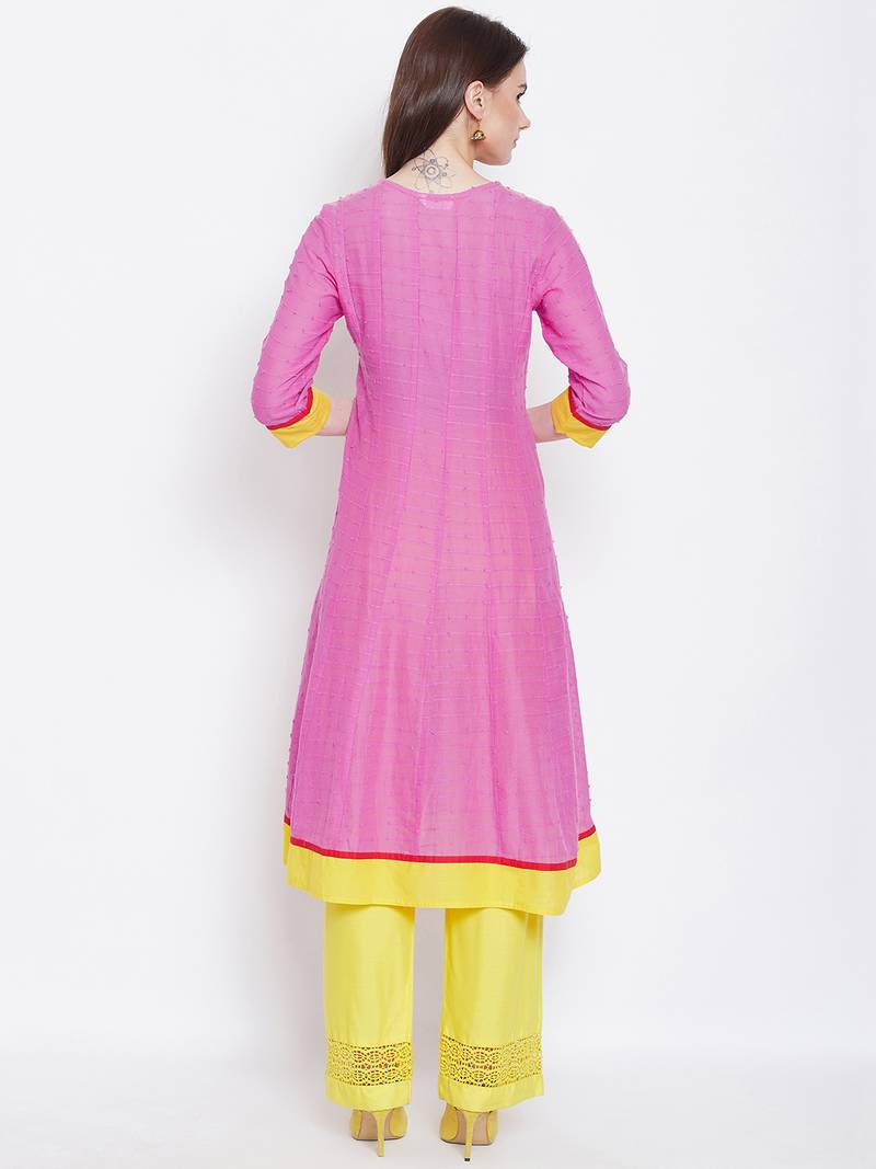 Women Pink and Yellow Color Embroidered Cotton Kurti