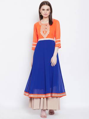 Women Orange and Blue Color Embroidered Georgette Aline Kurti 1