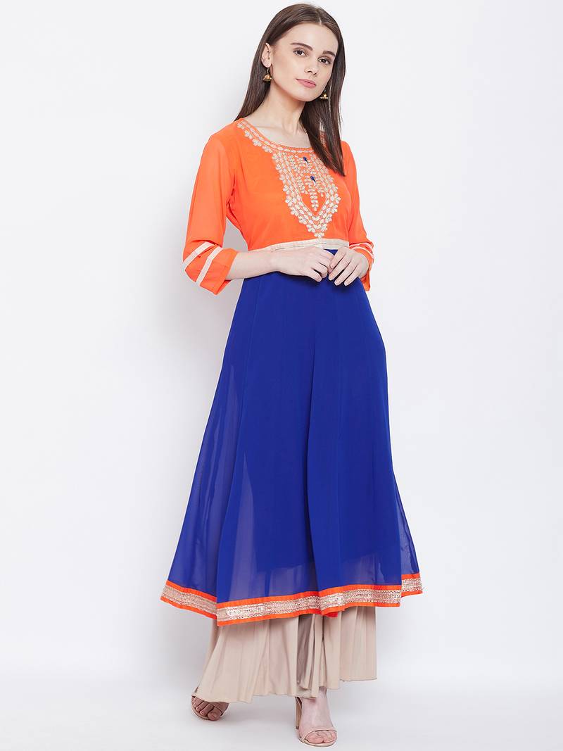 Women Orange and Blue Color Embroidered Georgette Aline Kurti