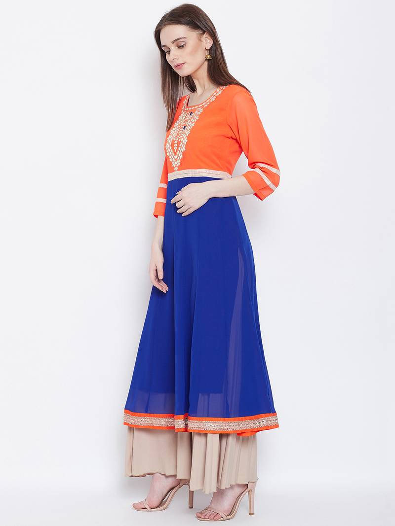Women Orange and Blue Color Embroidered Georgette Aline Kurti