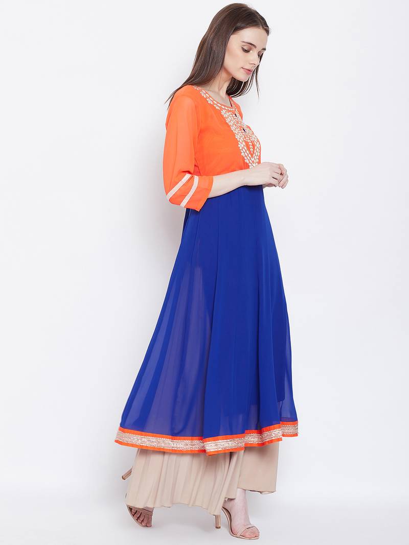 Women Orange and Blue Color Embroidered Georgette Aline Kurti