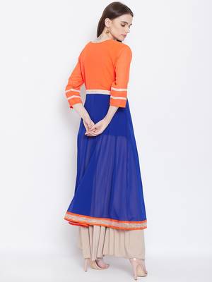 Women Orange and Blue Color Embroidered Georgette Aline Kurti 5