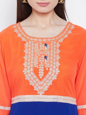 Women Orange and Blue Color Embroidered Georgette Aline Kurti 6
