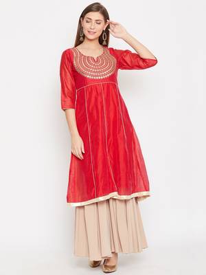 Women Red Color Embroidered A line Georgette A line Kurti 1
