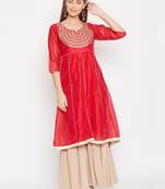 Women Red Color Embroidered A line Georgette A line Kurti