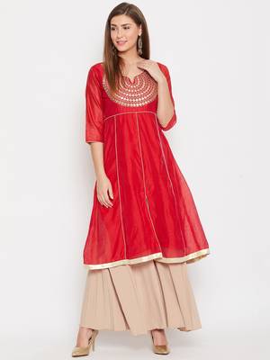 Women Red Color Embroidered A line Georgette A line Kurti 2