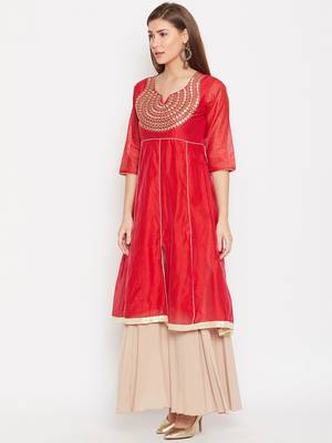 Women Red Color Embroidered A line Georgette A line Kurti 3