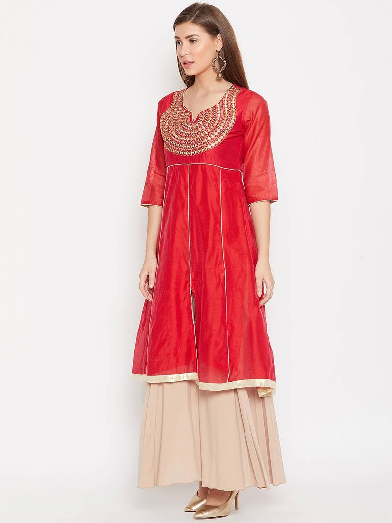 Women Red Color Embroidered A line Georgette A line Kurti