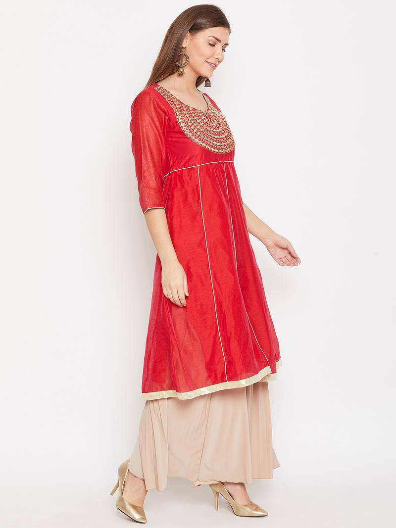 Women Red Color Embroidered A line Georgette A line Kurti