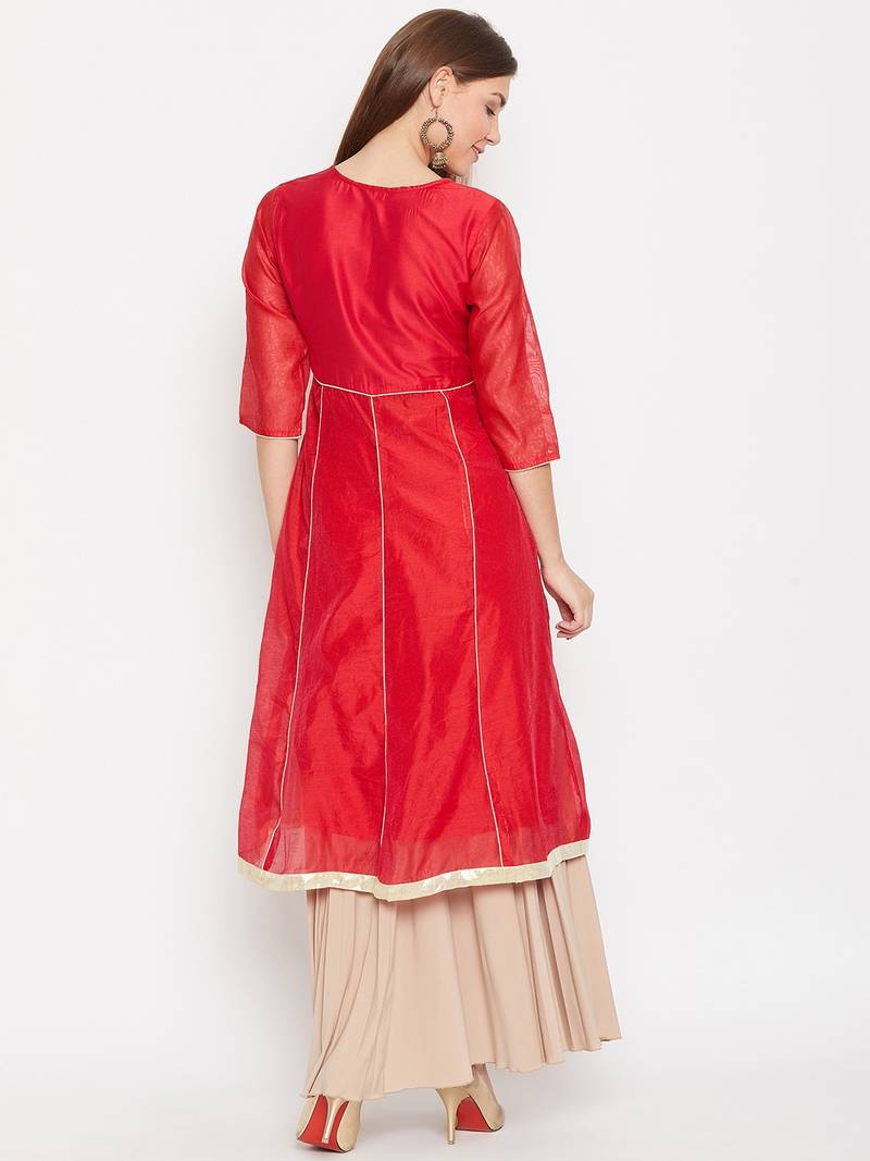 Women Red Color Embroidered A line Georgette A line Kurti
