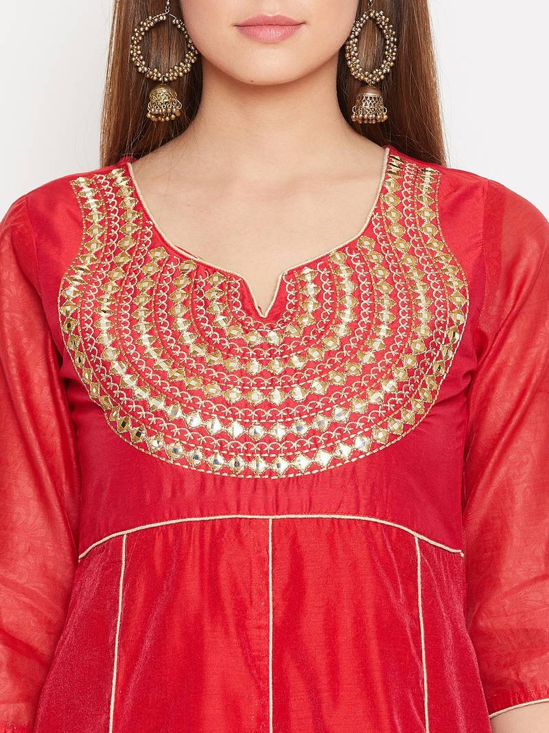 Women Red Color Embroidered A line Georgette A line Kurti