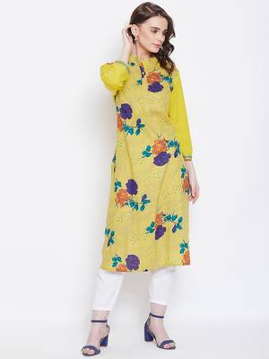 Women Yellow Color Floral Printed Cotton Kurti 1
