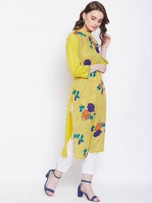 Women Yellow Color Floral Printed Cotton Kurti 2