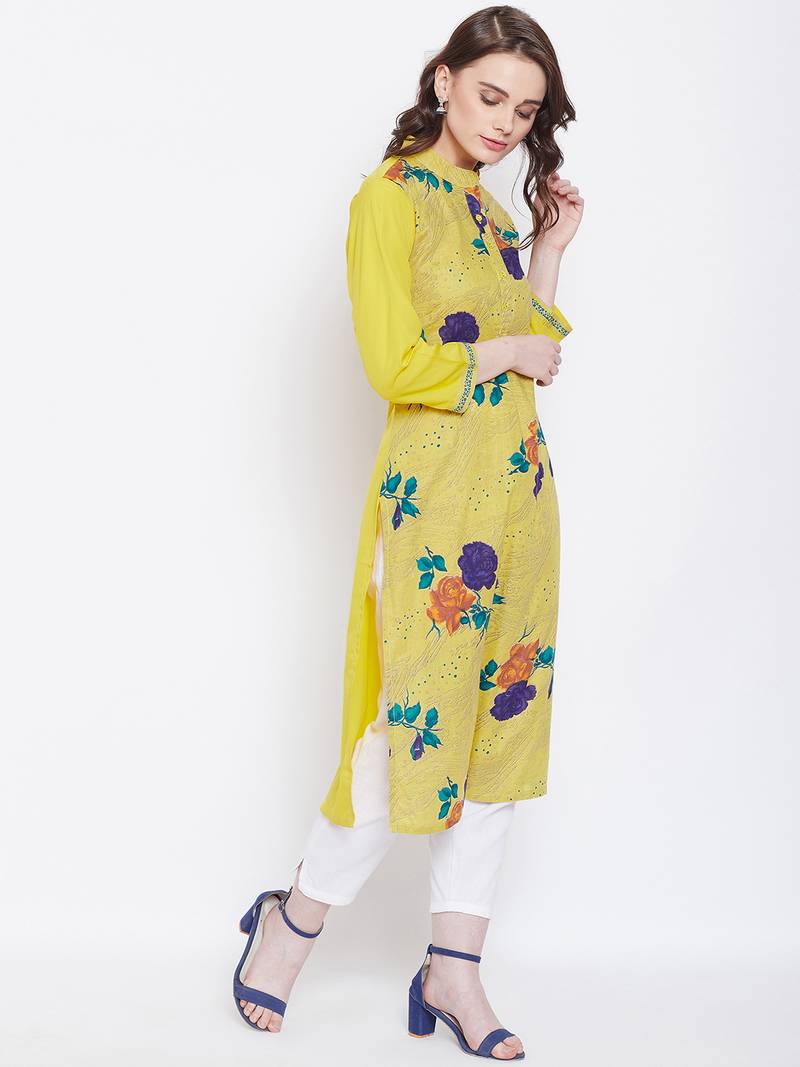 Women Yellow Color Floral Printed Cotton Kurti