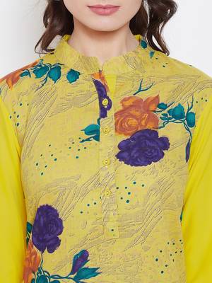 Women Yellow Color Floral Printed Cotton Kurti 6