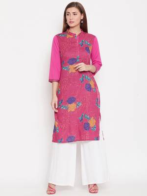 Women Pink And Multicolor Floral Printed Crepe Kurti 1