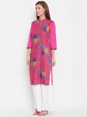 Women Pink And Multicolor Floral Printed Crepe Kurti 3
