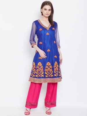 Women Blue Color Embroidered Net Kurti 1