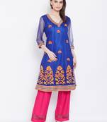 Women Blue Color Embroidered Net Kurti