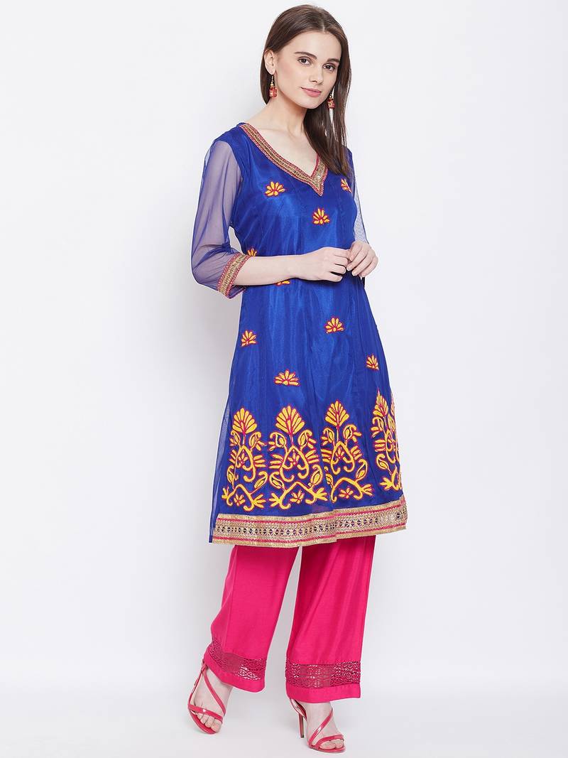 Women Blue Color Embroidered Net Kurti