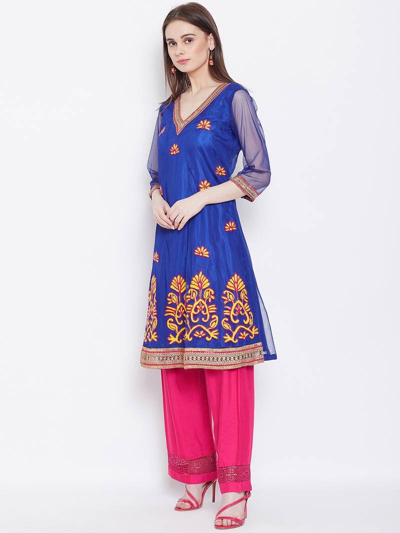 Women Blue Color Embroidered Net Kurti