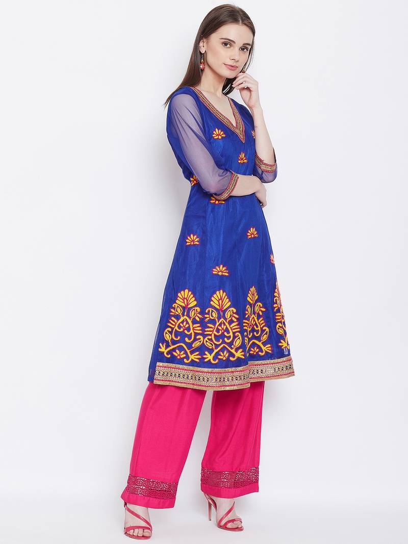 Women Blue Color Embroidered Net Kurti